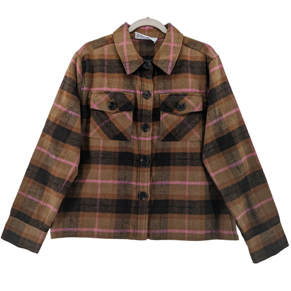 BB Dakota Steve Madden Boxy Plaid Shacket M Brown Womens Layering Shirt Jacket - Picture 1 of 12